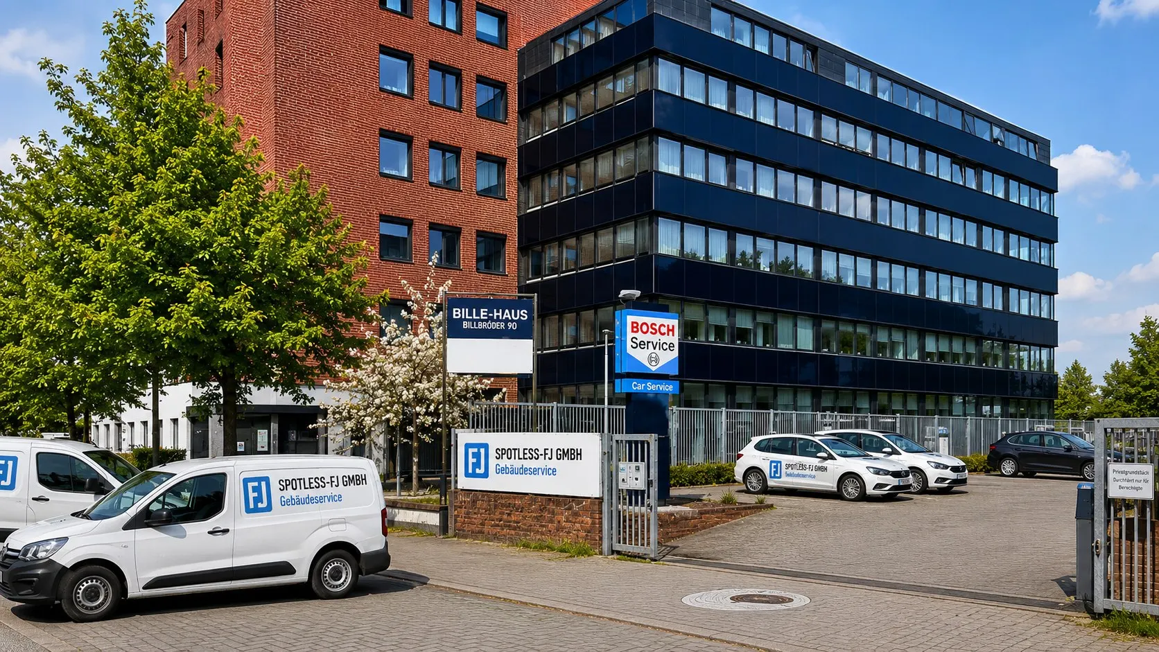Firmensitz der Spotless FJ GmbH in Hamburg mit den Servicefahrzeugen des Gebäudeservice