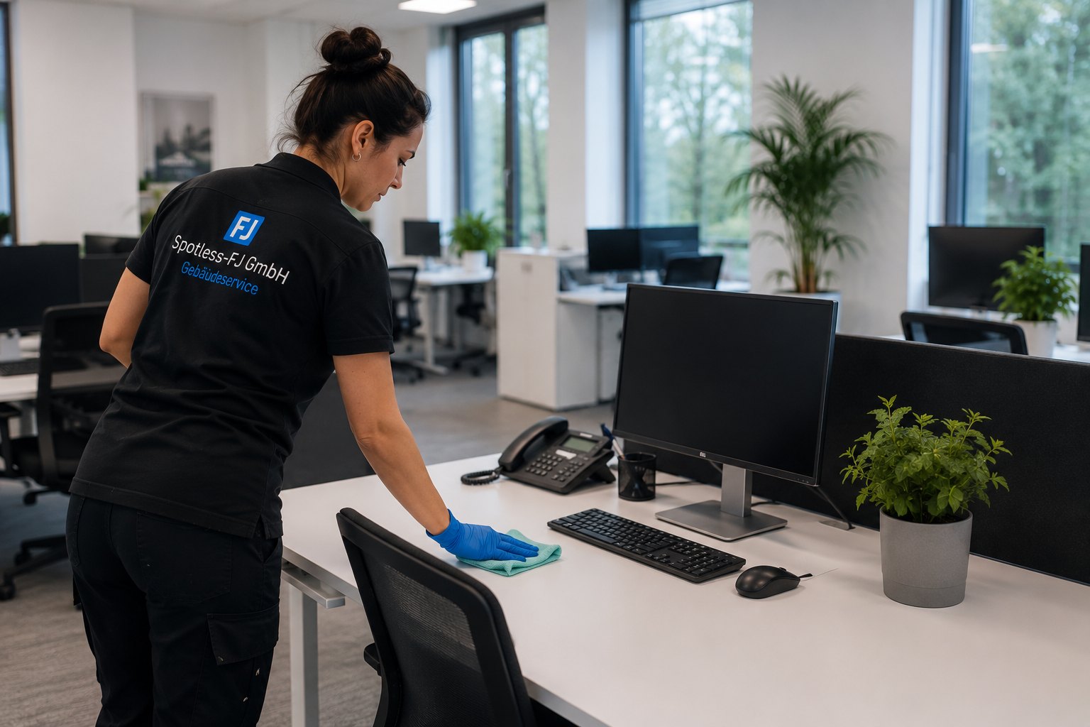 Reinigungskraft der Spotless FJ GmbH reinigt Schreibtische in einem Büro in Hamburg
