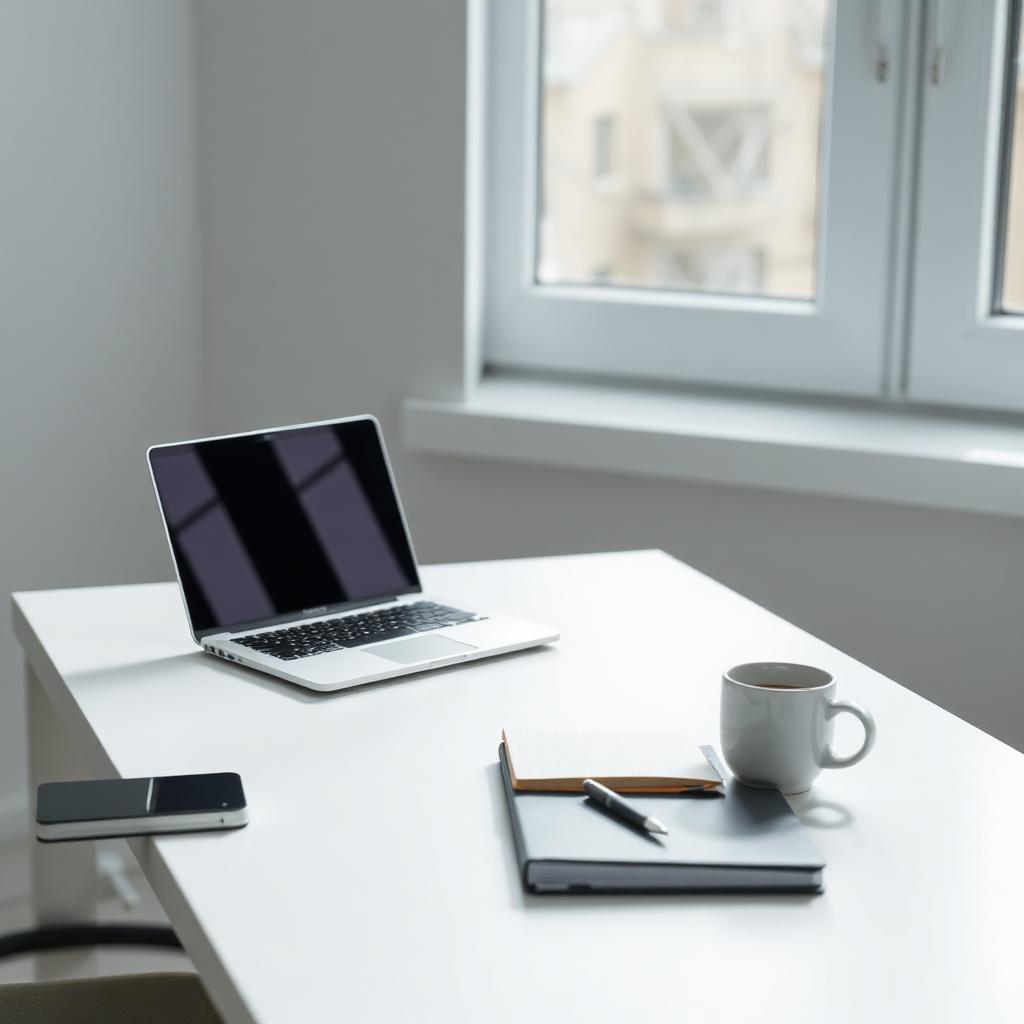 Ruhiger Arbeitsplatz mit Notizbuch und Laptop