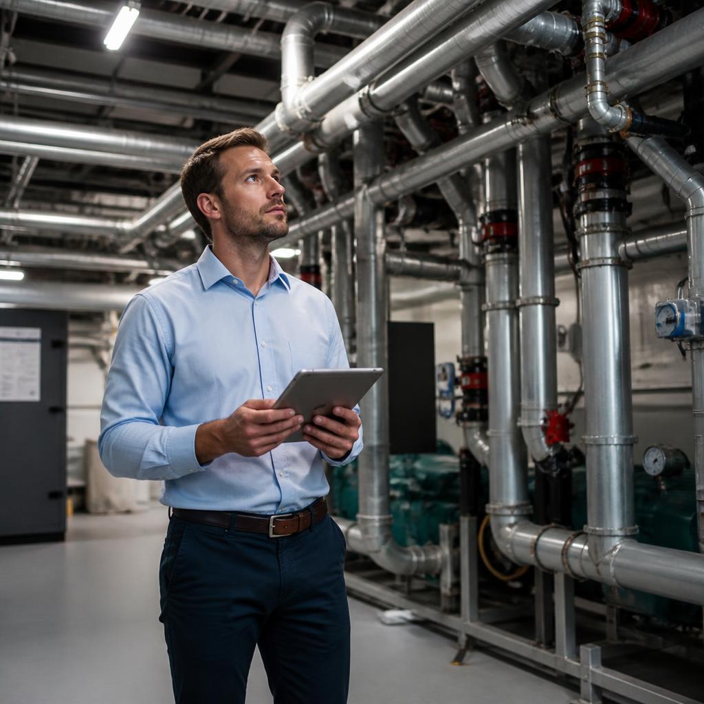 Facility Manager mit Tablet im Technikraum