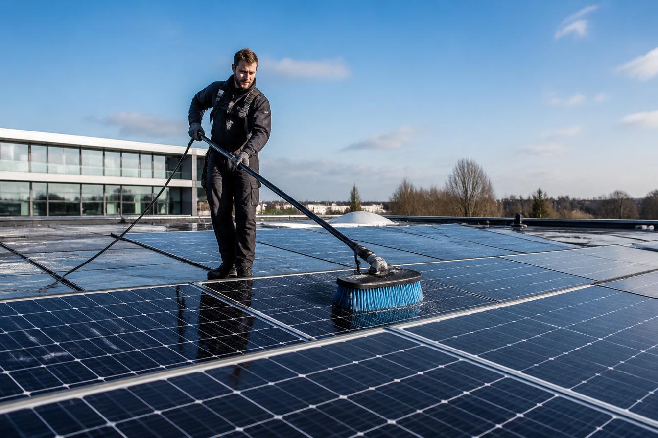 Fachkraft reinigt Photovoltaik-Module auf einem Flachdach in Hamburg